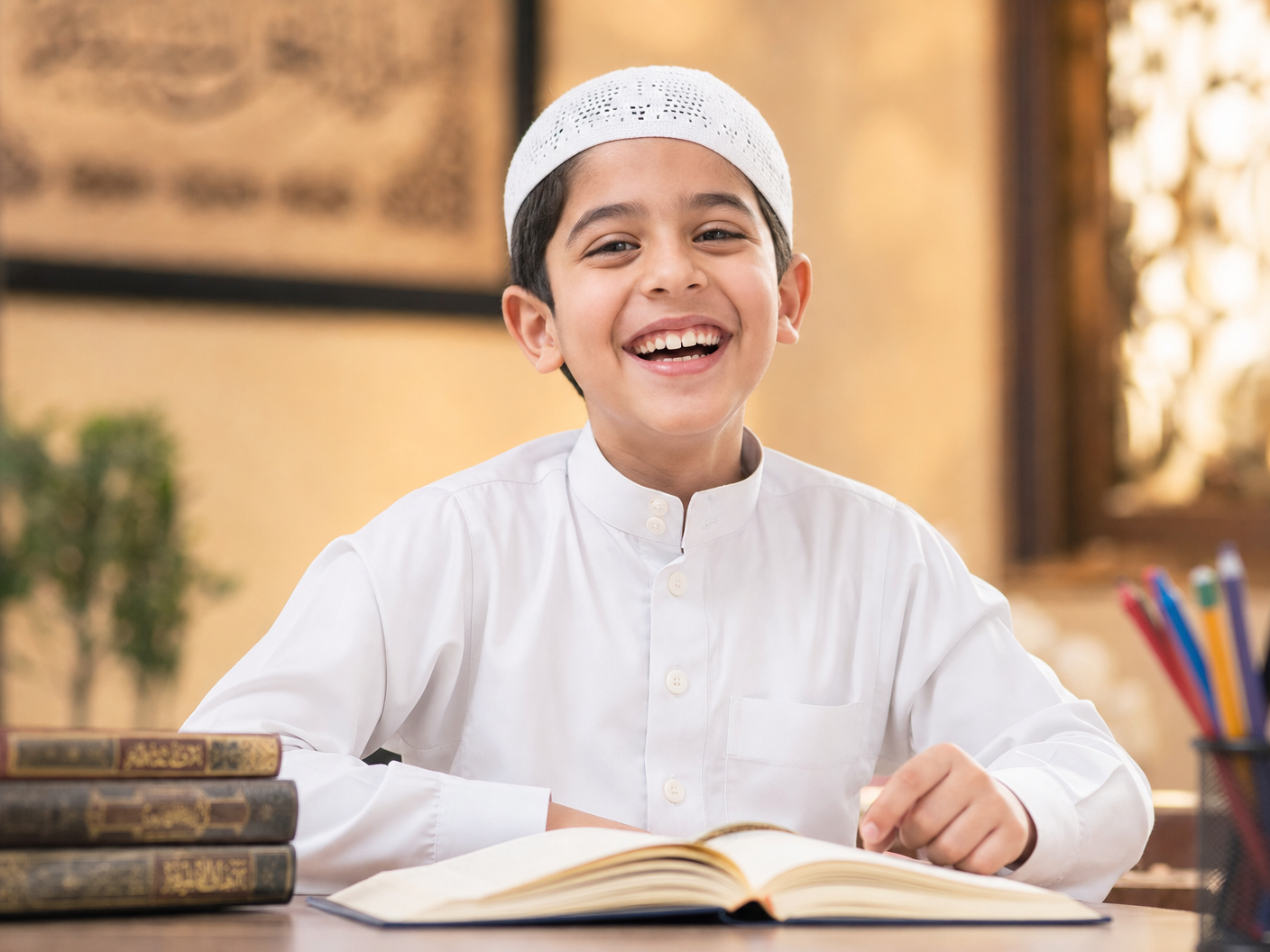 Happy Muslim child learning Arabic